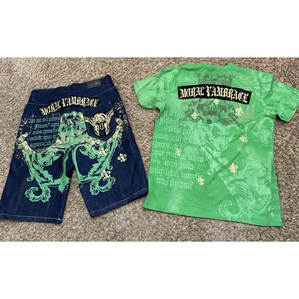 VINTAGE Raw Blue Denim Shorts Mens 36 Blue Green with Matching T-Shirt Sz 2XL